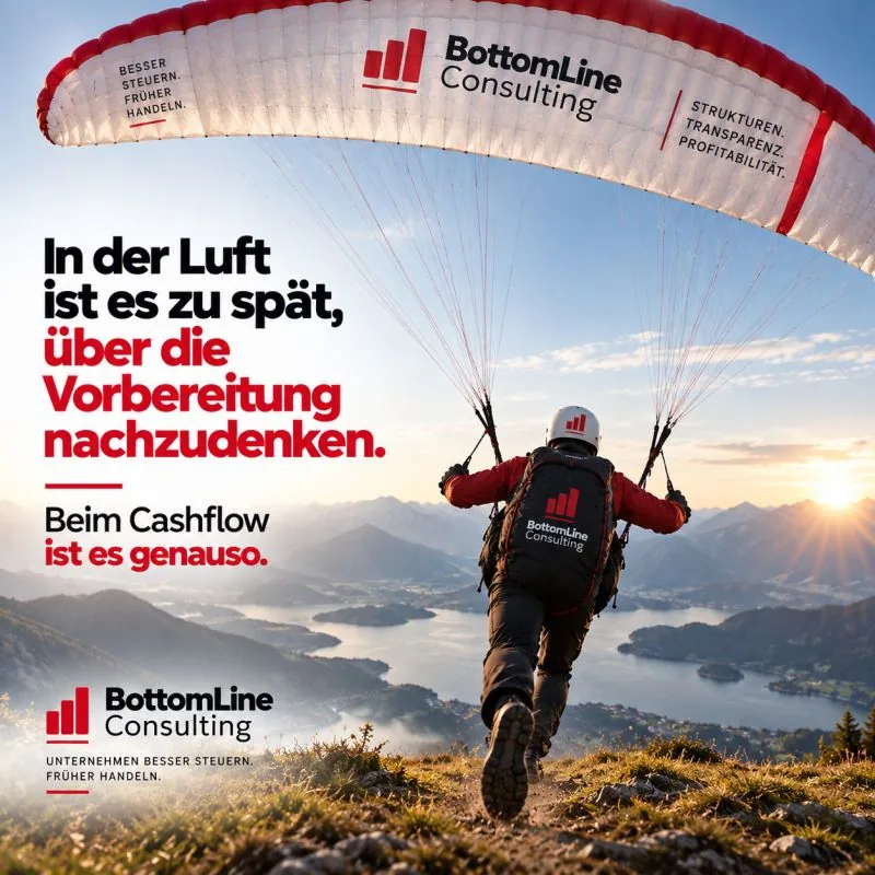 Gleitschirmflieger beim Start. In der Luft ist es zu spät, über die Vorbereitung nachzudenken. Beim Cashflow ist es genauso.